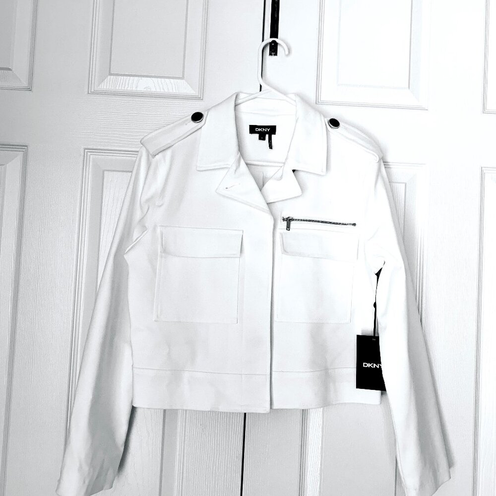 Dkny Jacket White Button Front Epaulets Long Slee… - image 1
